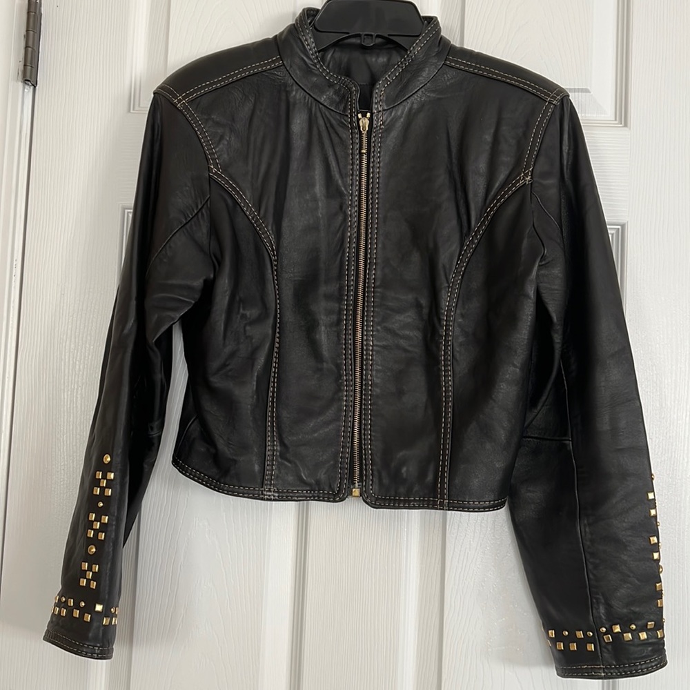 Vintage Black Genuine Leather 2pc  Studded Jacket And Skirt Size Small Petite - Picture 3 of 17